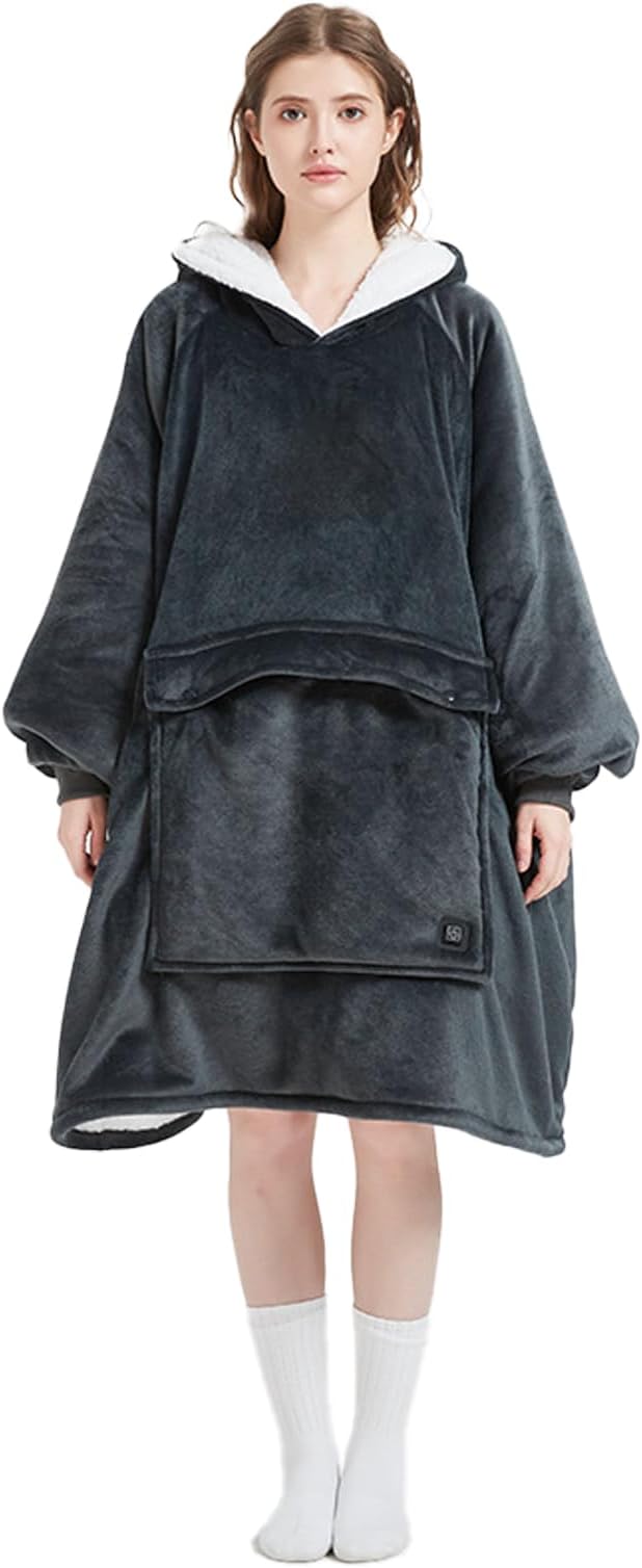 Portable USB 3-Speed Heating Hooded Fleece Camping Blanket Outdoor Warm Blanket for Camping Picnics &amp Home (Grey)