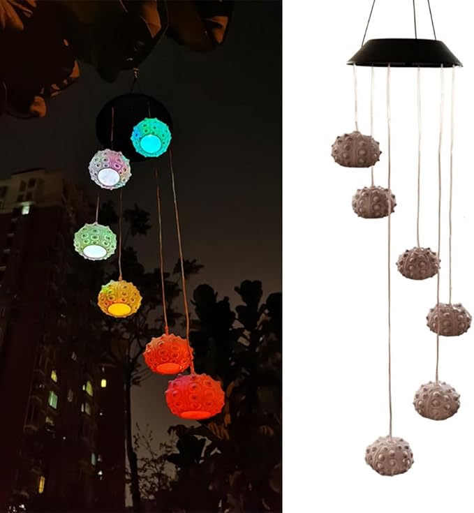 Solar Sea Urchin Wind Chime Light 6 LEDs Colorful Color Changing Outdoor Decorative Solar Hanging Light Painted Marine LED Lights for Garden Walkway Patio Yard 1 Pack