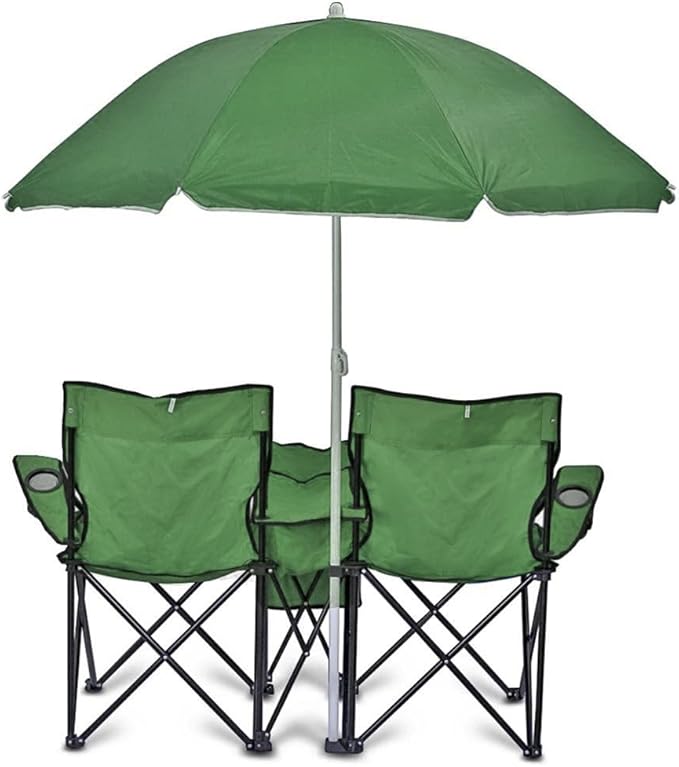 GoTEAM! Portable 2-Seat Folding Camp Chair with Cooler Umbrella &amp Cup Holders – Outdoor Picnic Beach or Tailgate Seating – Carry Case Included