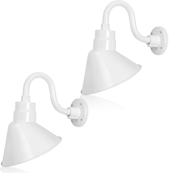 10in. White Angle Shade Gooseneck Sign Light Fixture With 10in. Long Extension Arm - Wall Sconce Farmhouse Antique Style - UL Listed - 9W 900lm A19 LED Bulb (5000K Cool White) - 2-Pack