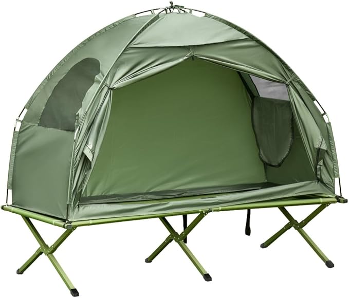 Single Person Elevated Camping Tent Cot Combo: Off-Ground Folding Cot with Attached Weather-Resistant Shelter &amp Carry Bag for Backpacking Hiking and Outdoor Adventures