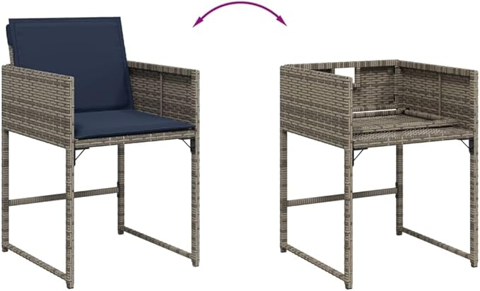 4-Piece Gray Poly Rattan Patio Chairs with Navy Blue Cushions Outdoor Furniture Set with Foldable Backrest Weather-Resistant PE Wicker &amp Steel Frame for Poolside Garden Backyard