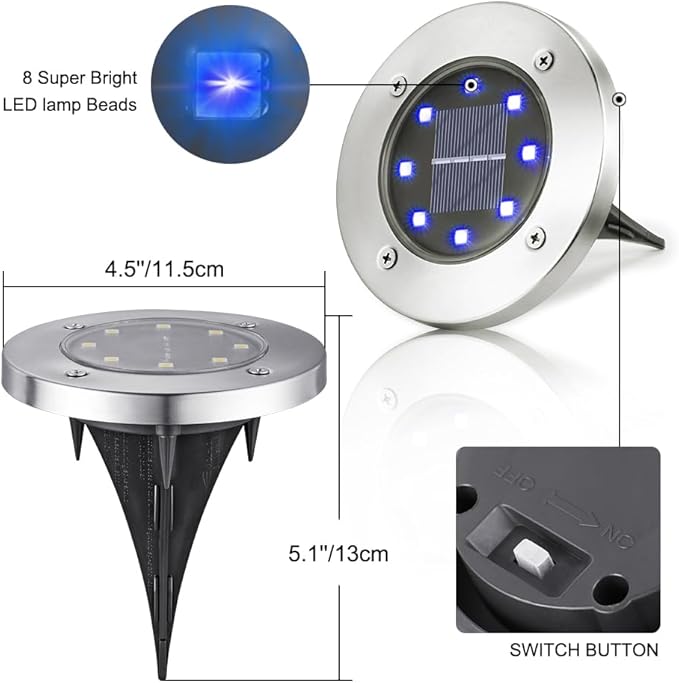 LYHOPE Solar Ground Lights Outdoor 16 Pack 8 LED Solar Disk Lights Waterproof Garden In-ground Pathway Lights Landscape Lighting for LawnYardDeckPatioWalkway (Blue)