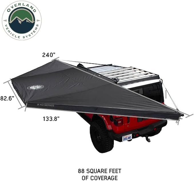 Overland Vehicle Systems 19609927 XD Nomadic 180 Degree Awning Universal with Integrated LED Lights and Black Out | 88 Sq Ft of Coverage | Black Fabric and Travel Bag Included | Weather-Resistant