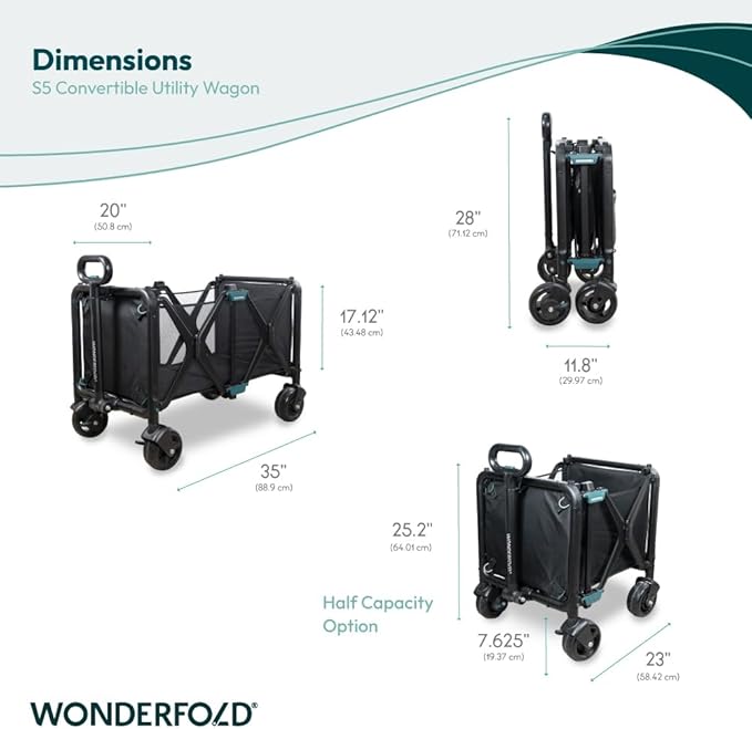 WONDERFOLD S5 Convertible Utility Wagon - Sturdy Compact Wagon with Wheels and Versatile Half-Capacity Option Table Attachment &amp Brakes Black