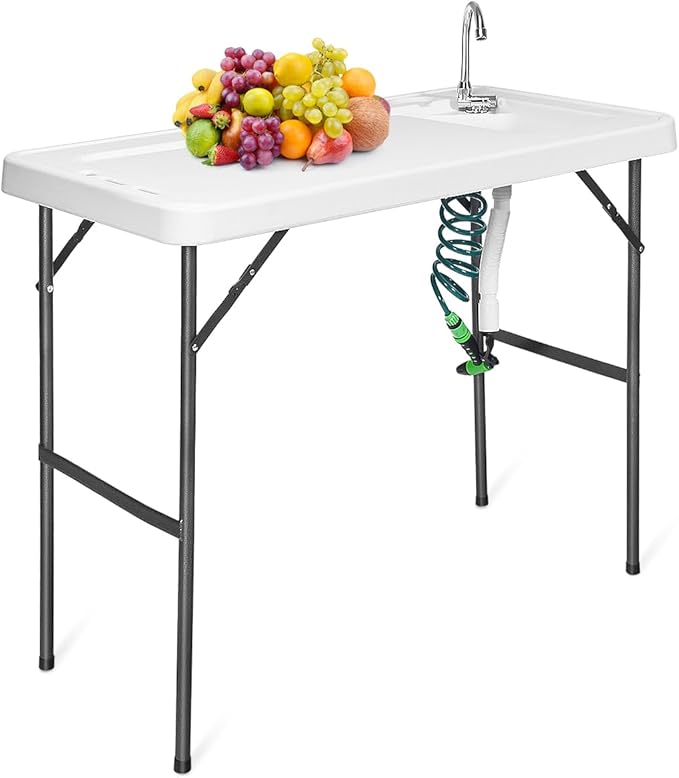 Fish Cleaning Table with Sink Portable Camping Table w/Flexible Faucet &amp Sprayer Drainage Hose Hook Up Outdoor Fish Cleaning Station for Garden Backyard Kitchen (with Sprayer)