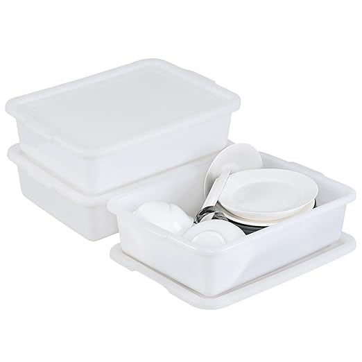 Kiddream 13 Liter Plastic Restaurant Commercial Bus Tub White Bus Box with Lid 3 Pack