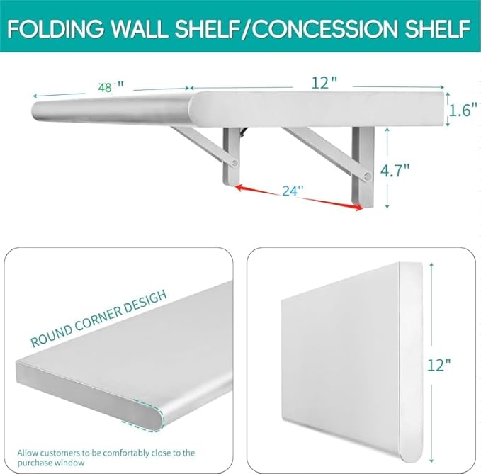 Concession Shelf 48L x 12W22 gauge ASTM 304 Stainless Steel Folding Serving Food Shelves Wall Mount Shelving  Stainless Steel Shelf For Food Truck grill areaBBQ working table Restaurant .NSF