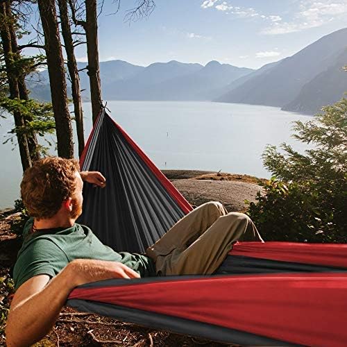Fox Outfitters Neolite Double Camping Hammock - Lightweight Portable Nylon Parachute Hammock for Backpacking Travel Beach Yard. Hammock Straps &amp Steel Carabiners Included (Red/Black)