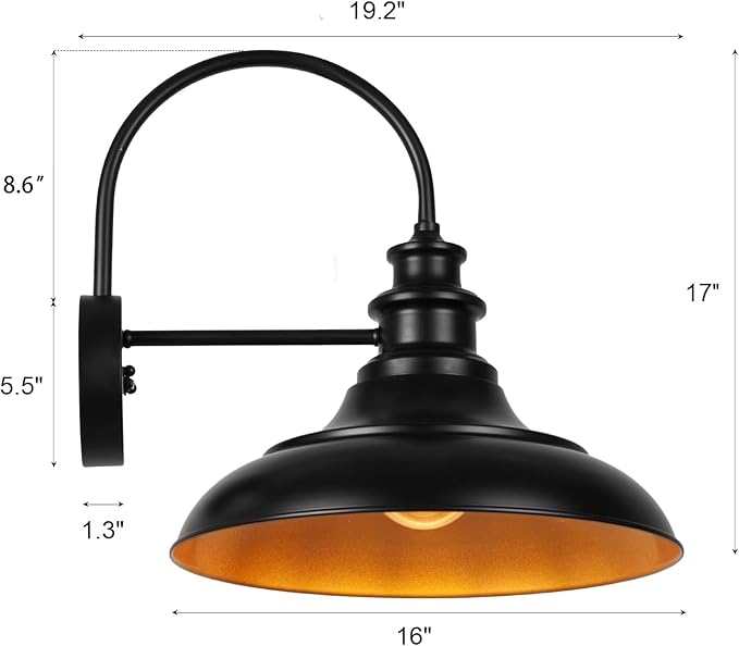 Dusk to Dawn Sensor Outdoor Barn Light Fixture 16 Inch Dome Farmhouse Outdoor Wall Sconce Exterior Wall Mount Light Industrial Black Gold Wall Lantern for Porch Garage Shed1 Pack