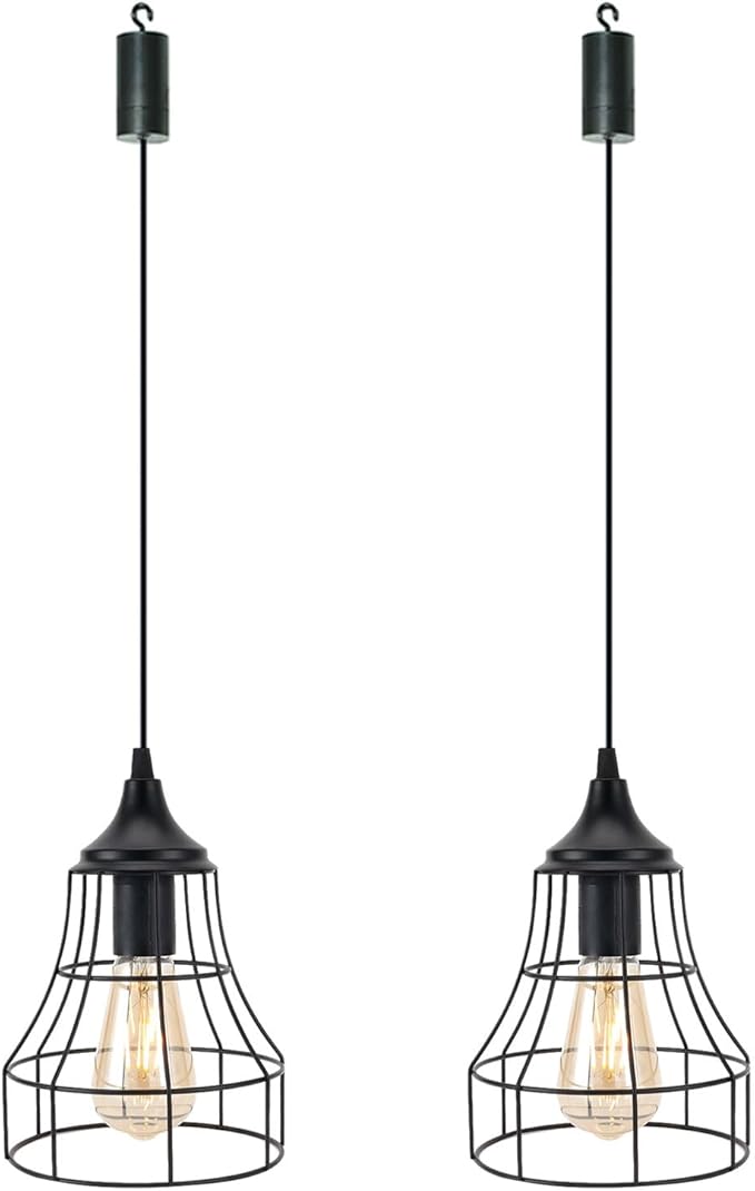 JHY DESIGN Hanging Lamp Set of 2 Battery Powered Decorative Pendant Lamp Metal Cage Battery Lamp with 6 Hours Timer for Bar Bedroom Garden Parties Patio Indoor Outdoor Living Room(Geometry)
