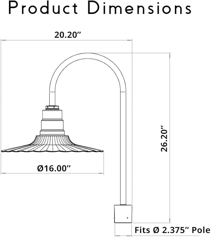 Steel Lighting Co. Highland Park Light | Pole Top Mounted | 16 Radial Wave | Upslope Gooseneck with Slip Fitter for 2-3/8 Standard Poles | Made in America | Matte Black Exterior/White Interior