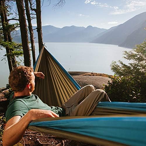 Fox Outfitters Neolite Double Camping Hammock - Lightweight Portable Nylon Parachute Hammock for Backpacking Travel Beach Yard. Hammock Straps &amp Steel Carabiners Included (Sky Blue/Bronze)