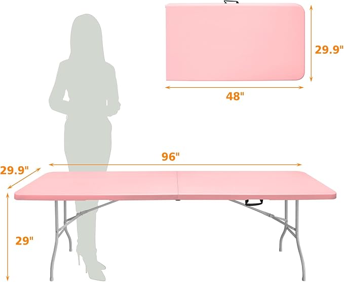 8 FT Folding Table with Carry Handle Portable Fold-in-Half Plastic Table Rectangle Foldable Table for Indoor/Outdoor Pink