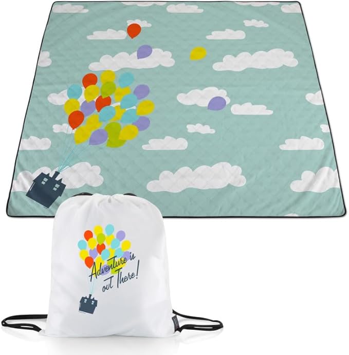 Picnic TIME Disney Pixar UP Impresa Picnic Blanket Lightweight Folding Beach Blanket with Carry Backpack Machine Washable Water Resistant Fleece Picnic Mat (Black and White)