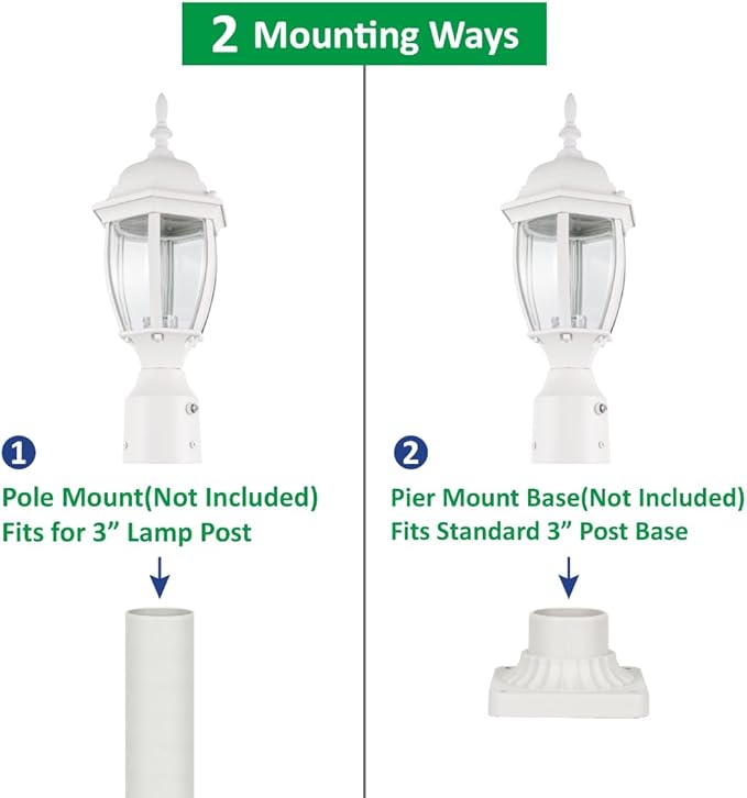 LIT-PaTH Dusk to Dawn Outdoor Post Lighting Fixture Pole Lantern E26 Medium Base Max 60W Aluminum Housing Plus Glass Bulb Not Included (White 2-Pack)