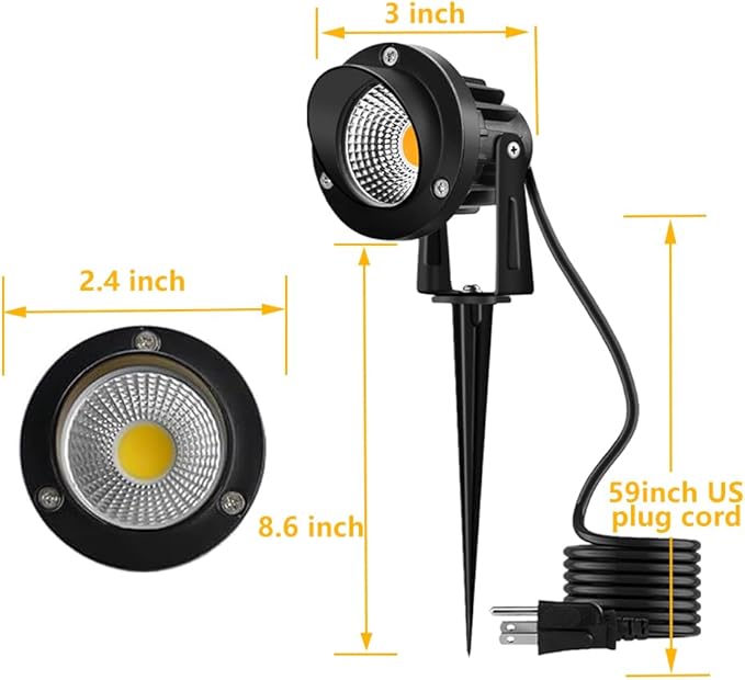 Romwish 120V LED Landscape Lights 10W 120V Outdoor Landscape Lighting with Ground Spike 3000K Warm White IP65 Waterproof Outdoor Spotlight for Lawn Garden Yard Flag Light (Pack of 6)