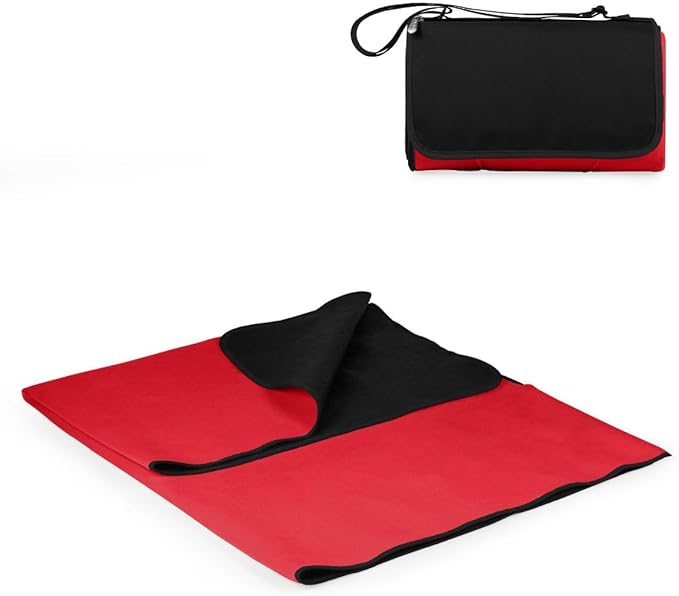 PICNIC TIME Outdoor Picnic Blanket Tote 59x51 Foldable Beach &amp Camping Blanket with Soft Fleece Water-Resistant Bottom Adjustable Strap &amp Zippered Pocket (Red with Black Flap)