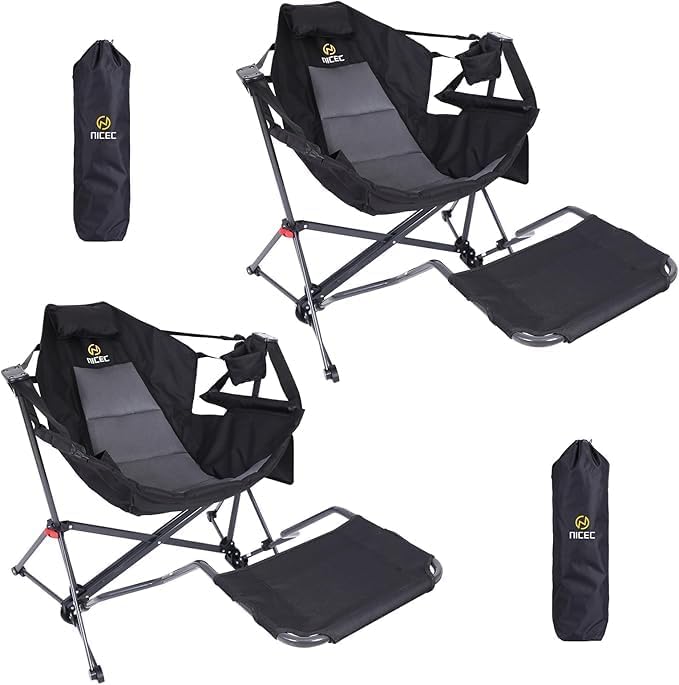 Nice C Hammock Camping Chair Camping Chair Rocker Swinging Chair High Back with Stand Cup Holder Side Pocket Heavy Duty (2 Black w/footrest)