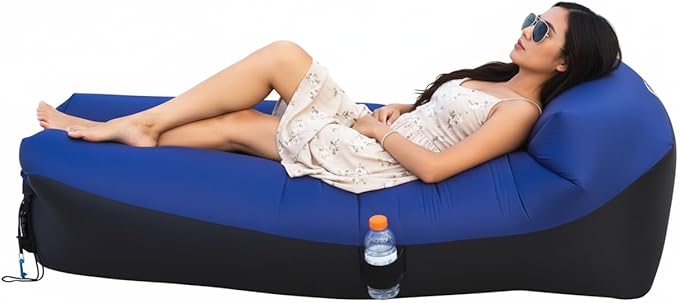 Inflatable Lounger with No-Pump Setup Floating Portable Air Chair Ripstop Polyester Stability Peg for Beach Camping Festivals Tailgating (Navy Black)