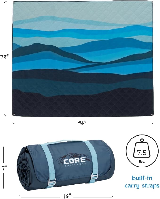 CORE Outdoor Weighted Blanket | Packable Waterproof Picnic Blanket Beach Mat Tent Camping Rug &amp Stadium Blanket | Large Portable 94 x 78 Quilt Design with Built-in Straps and Carry Handle