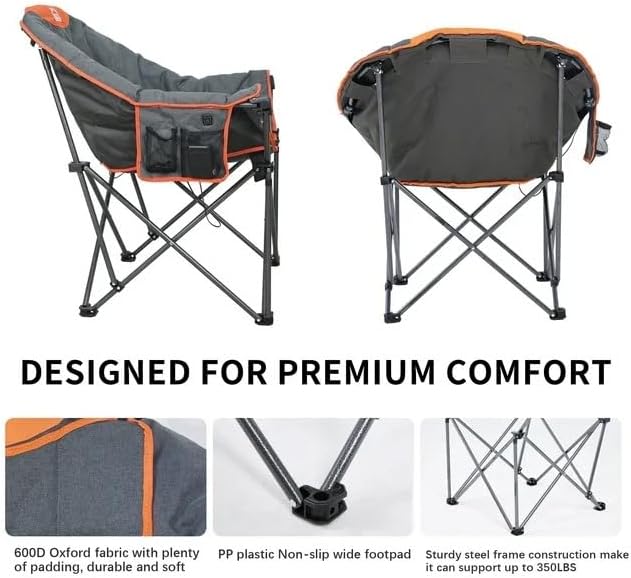 M8TRX Heated Camping and Club Chair Outdoor Portable Folding Chair Supports 350 LBS USB Charging Port Orange and Grey