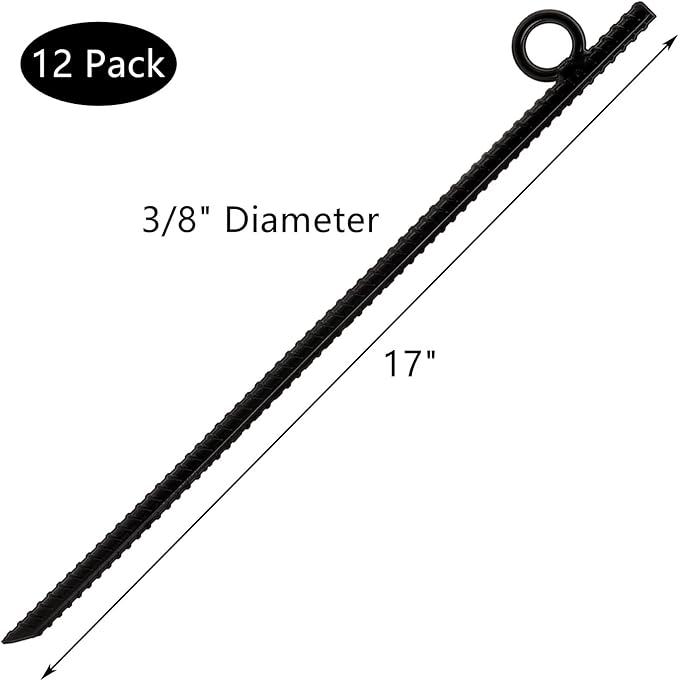 ZOOFOX 12 Pack 17 Inch Black Ground Anchor Heavy Duty Steel Rebar Stakes with Loop Reusable Tent Stakes for Outdoor Camping