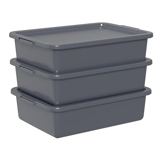 13 L Commercial Bus Tub with Lid Restaurant Plastic Bus Box Gray 3 Packs