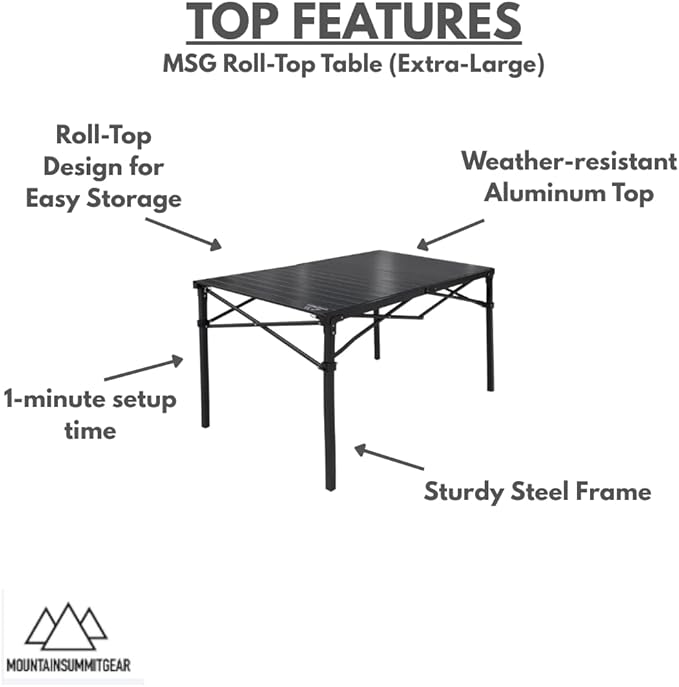 MOUNTAIN SUMMIT GEAR Heavy-Duty Roll-Top Table for Camping - Portable Aluminum-Top Folding Table with Steel Frame by Caddis Sports Inc. (Extra Large)