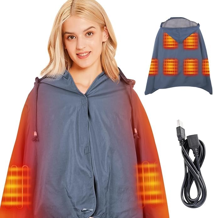 DUKUSEEK Waterproof Heated Blanket 5V Electric Outdoor Fleece Blanket with Hood Windproof Stadium Mat for Camping Picnic Sports Football Concerts 57'' x 36''Grey NO Battery NO Charger