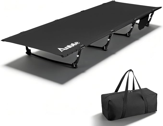 Anbte Ultralight Folding Camping Cot Comfortable Portable Camping Cot Supports 275 lbs with Storage Bag &amp Side Pocket Lightweight Folding Bed for Outdoor Travel Tent Indoor Emergency Bed Black