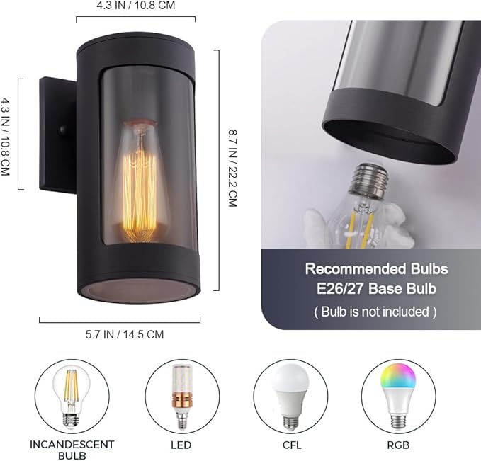 Cerdeco Black Outdoor Wall LightsCylinder Aluminum Porch Light with Transparent GlassModern Outdoor Wall Sconces2 Pack