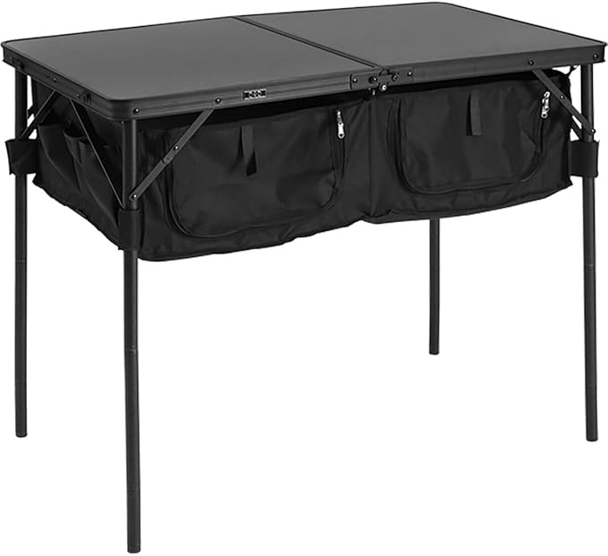DOD Good Luck Table - Folding Camping Table with 66 LBS Capacity - Folding Camp Table Storage Shelves Height Adjustable Legs - Picnic for Outdoor Camping BBQ Beach - Black