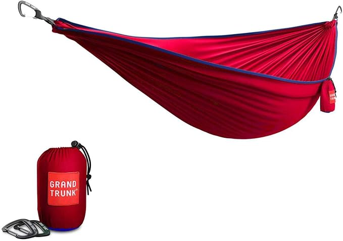 Grand Trunk TrunkTech Single Hammock | Lightweight Ripstop Nylon Camping &amp Travel Hammock 11 ft 500 lb Capacity Includes Carabiners | Red with Navy Trim