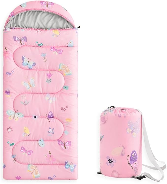 Wake In Cloud - Kids Sleeping Bag for Girls Toddlers Camping in Warm Cold Weather Backpacking Lightweight Compact Outdoor Liner for 3 Seasons Butterfly Garden Flowers