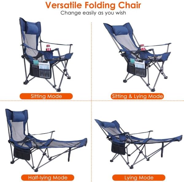 Foldable Camping Chair 330LBS Load Heavy Duty Steel Lawn Chair Collapsible Chair with Reclining Backrest Angle Cup Holder Pillow Side Pocket Carry Bag