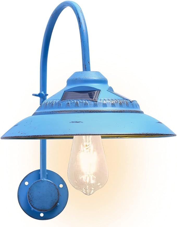 Goodeco Solar Barn Light Outdoor - Motion Sensor Rustic Vintage Gooseneck Wall Light Fixture with Clear Glass LED Edison Bulb No Wiring Ideal Gifts for Patio Porch Deck &amp More (Blue)