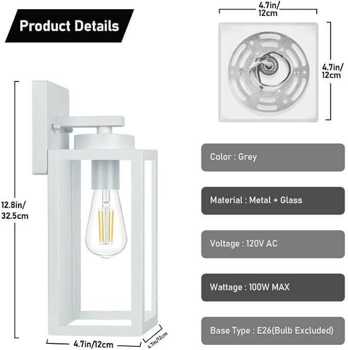BesLowe 2-Pack Outdoor Wall Light Fixtures Exterior Waterproof Wall Lanterns Porch Sconces Wall Mounted Lighting with E26 Sockets &amp Glass Shades Modern Wall Lamps for Front Door Grey