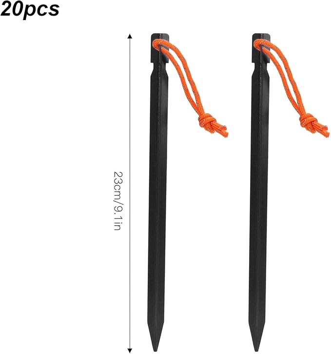 20pcs Tent Stakes 7075 Camping Aluminum Alloy 9in Tent Pegs Heavy Duty Tent Peg with Ropes for Outdoor Camping Canopy(Black)