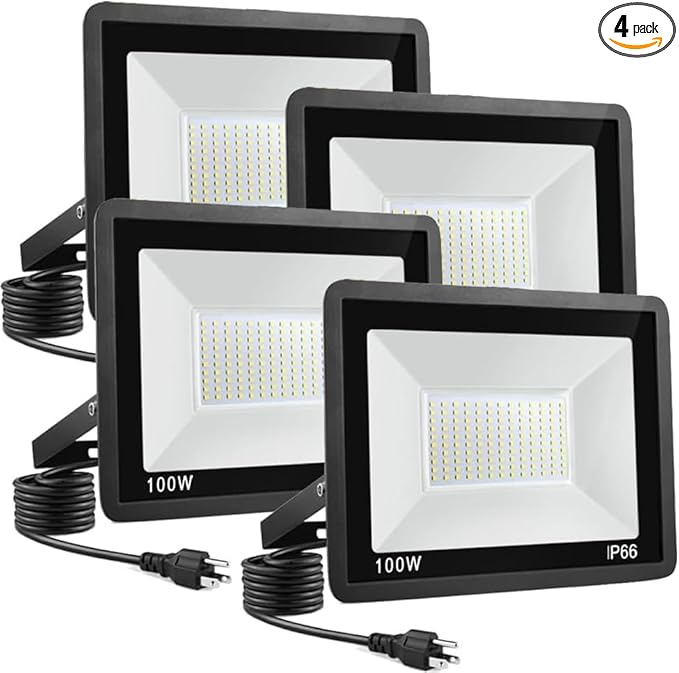 4-Pack 100W LED Flood Light  11000m with 5.91FT/1.8m Cord Super Bright Security Lights IP66 Waterproof Outdoor Flood Light 5000K Daylight White Floodlight for Yard GardenBasketball Court Arena