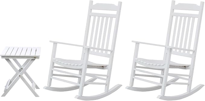 Patio Outdoor Rocking Chairs Small Foldable Side Table Set of 3 Piece Porch Wooden Comfy Rockers Folding End Table Furniture Indoor Outside Camping Balcony Lawn and Bistro White