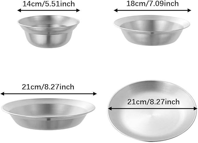 pistro Stainless Steel Plates and Bowls Outdoor Tableware Insulated Metal Bowls Camping Utensils Dinnerware Set for Picnic BBQ Beach- 4pcs Silver