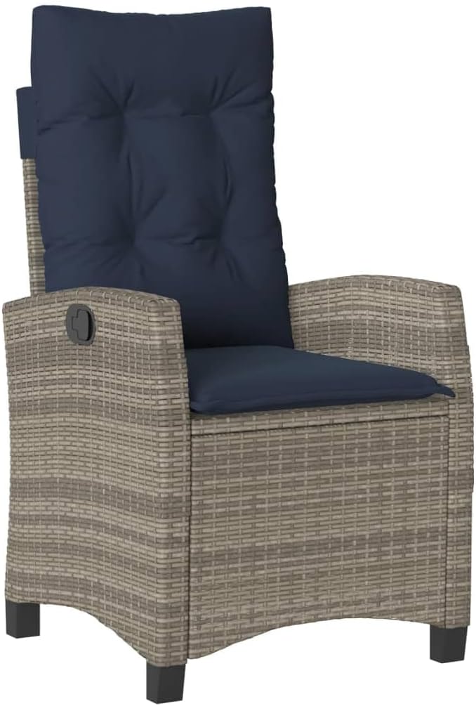 2-Piece Reclining Garden Chair Set with Adjustable Armrests Grey Poly Rattan and Navy Blue Cushions for Patio Outdoor Lounge Furniture with Durable Weather-Resistant
