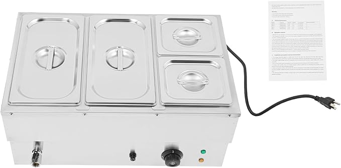 110V 4-Pan Commercial Food Warmer 1500W Electric Steam Table 15cm/6inch Deep Professional Stainless Steel Buffet Bain Marie with Temperature Control for Catering and Restaurants