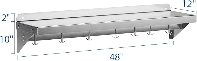 TrailBlaze 12 x 48 NSF Certified Stainless Steel Wall Mount Shelf - Multifunctional Metal Storage Rack with Backsplash and 7 Hooks for Hanging Pots PansCookware in Home and Restaurant