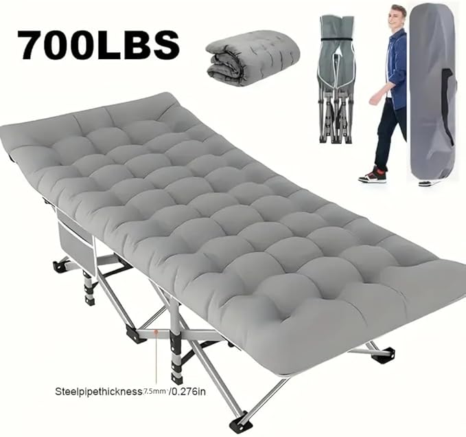 Comfortable and Soft Folding Bed Portable Camping cot with Side Pockets and Mattress Extra-Thick Oversized Folding Bed Weight Capacity of 500/600/700 lbs (Grey 700lbs)