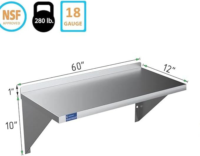 Stainless Steel Wall Shelf | Square Edge | Metal Shelving | Heavy Duty | Commercial Grade | Wall Mount | NSF Certified (12” Width x 60” Length)