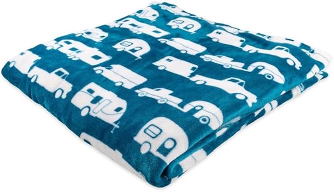 Camco 53440 Life is Better at The Campsite Plush Fleece Blanket Queen Size - Keeps You Warm While at Home Camping or on Picnics - Machine Washable - Features a Brand RV Print Blue