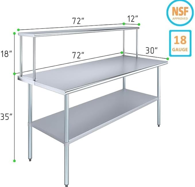 Stainless Steel Work Table with Wide Single Tier Overshelf | Metal Kitchen Prep Table &amp Shelving Combo (30 x 72 Work Table + 12 Overshelf)