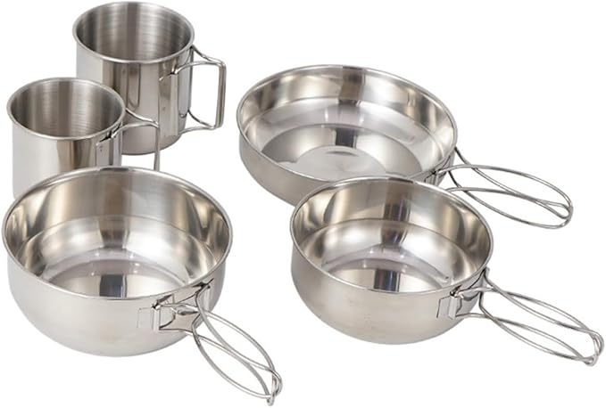 5pcs Stainless Steel Camping Pot and Cups Set Outdoor Picnic Cookware with Frying Pan Heat-Resistant Mess Kit for Hiking Fishing and Mountaineering